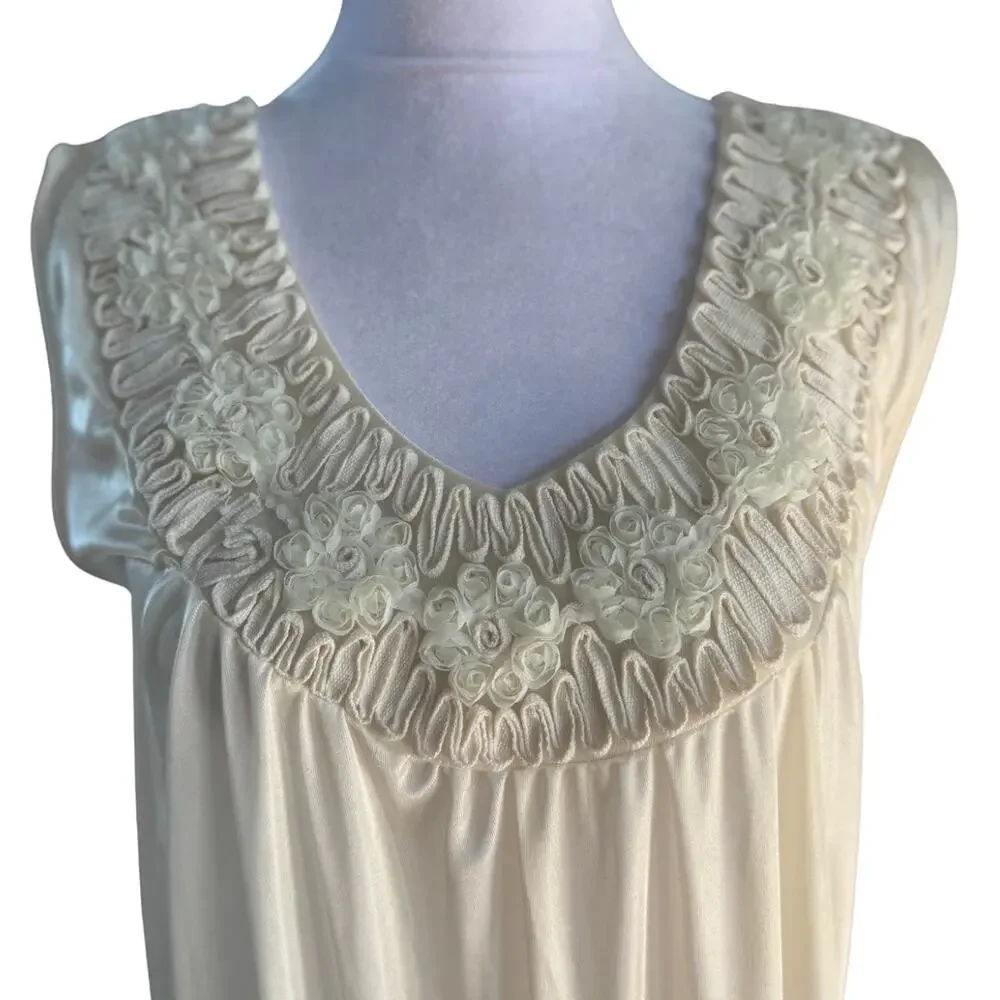 Lati Ivory Sleeveless Nightgown Floral Appliqué Ruched Yoke Sheer Gown Lingerie